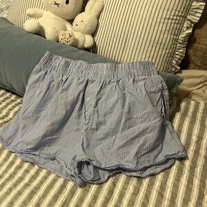 Light Blue and White Striped Elastic Waist Shorts